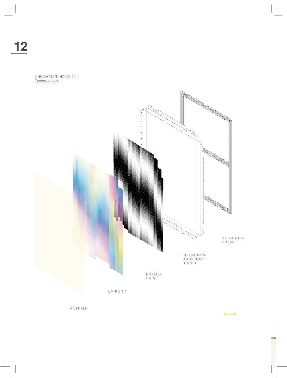 Chromadynamica 104 · despiece: marco → panel → esmalte → UV → barniz