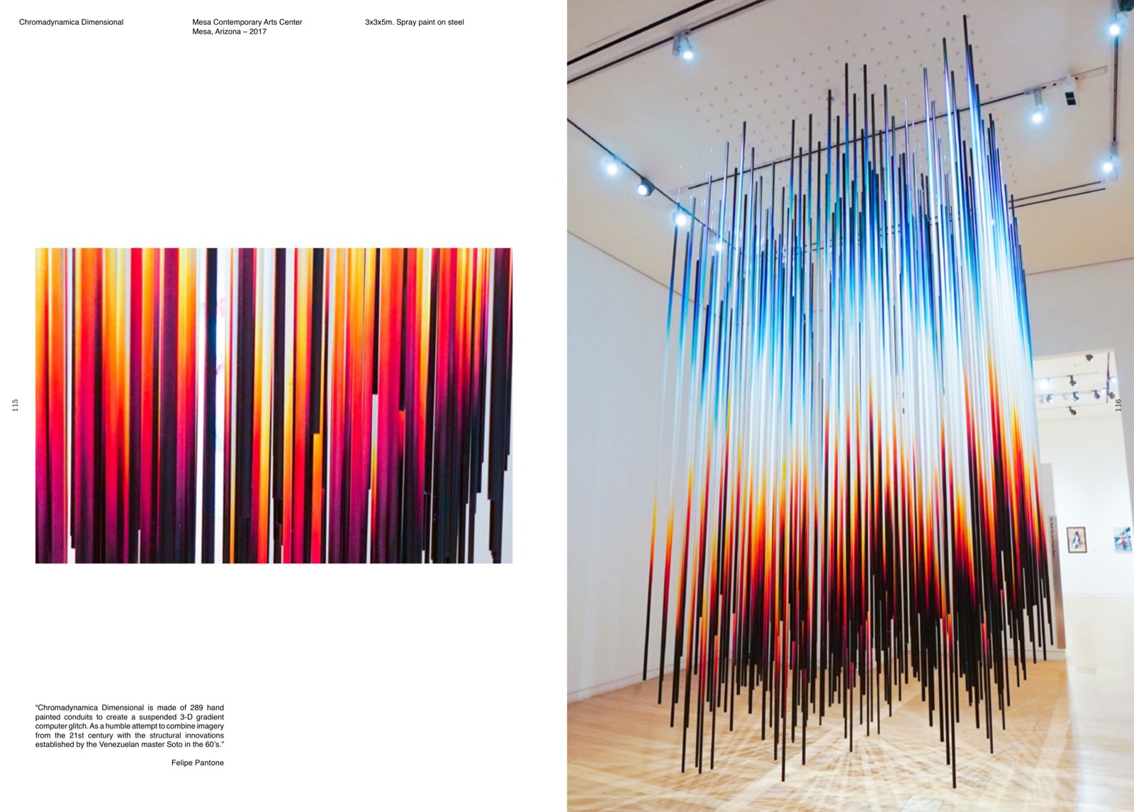 Chromadynamica Dimensional · Mesa Contemporary Arts Center, Arizona 2017 · 289 conductos pintados a mano — homenaje a Soto